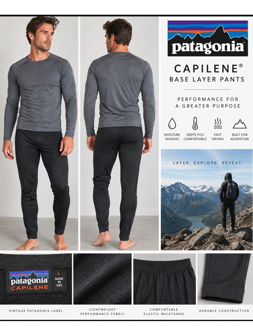 Vintage Patagonia Capilene Base Layer Pants Black Size L Made in USA